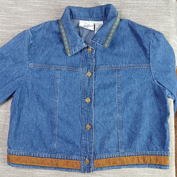 Vintage Studio Ease Lightweight Denim Jacket Embellished w/ Ribbon Edges size 8 - Picture 4 of 15